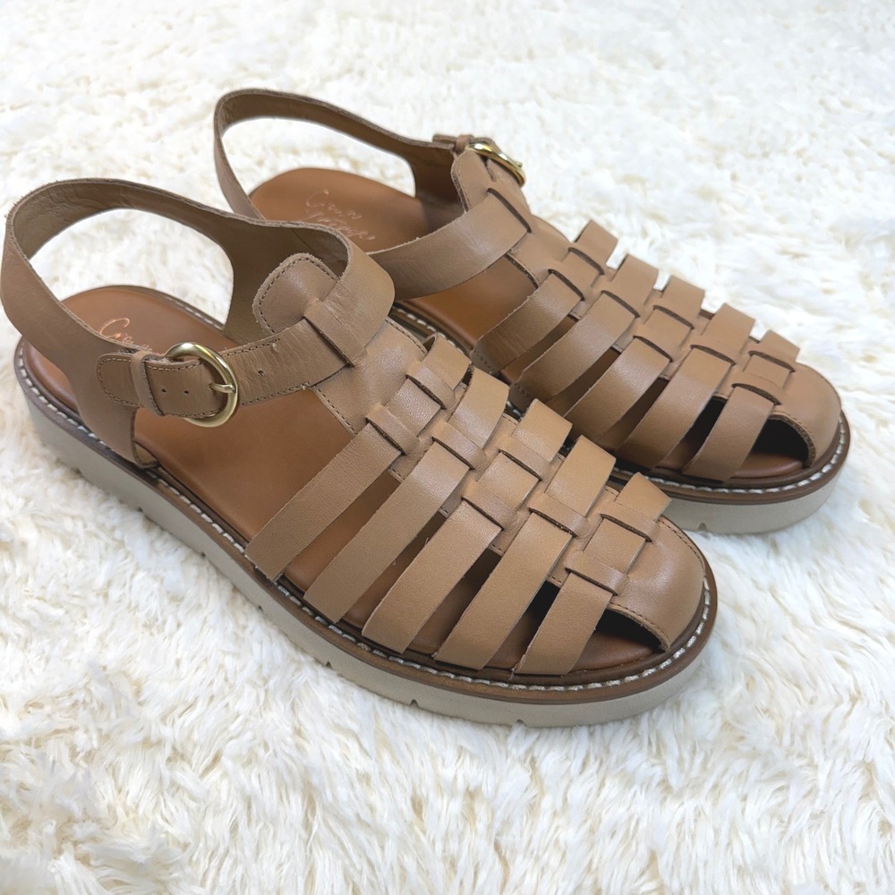 Crown Vintage Fisherman Sandals Women 10 Tan Leather Caged Platform Buckle
